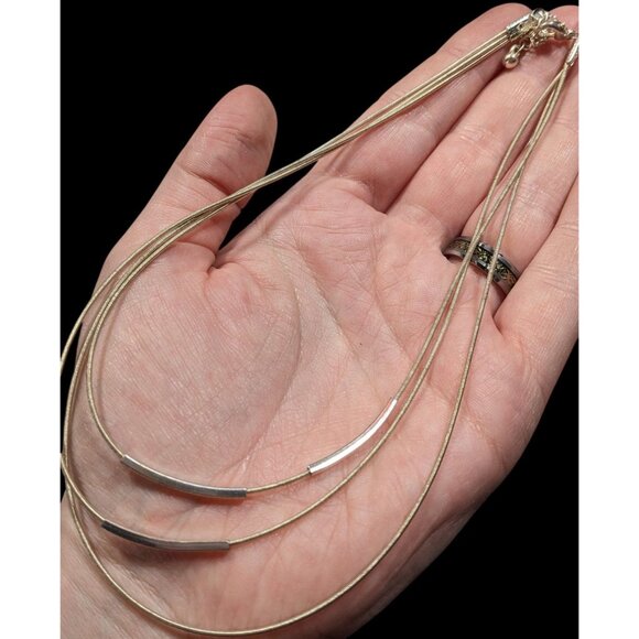 Modern Layered Silver Tone Coil Wire Necklace With Tube Bead Accents - Picture 3 of 6